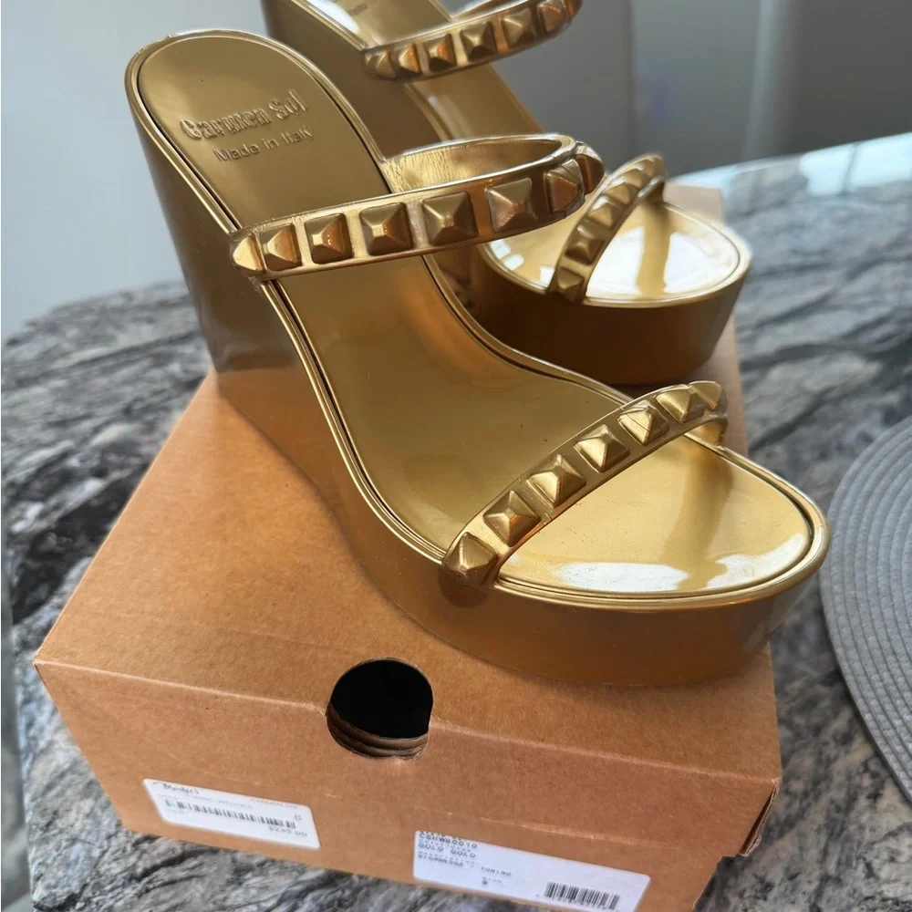Golden Studded Wedge Sandals